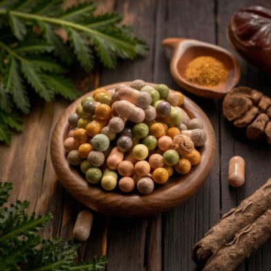 Integratori naturali su tavola di legno con foglie di Serenoa e corteccia di Pigeo africano.