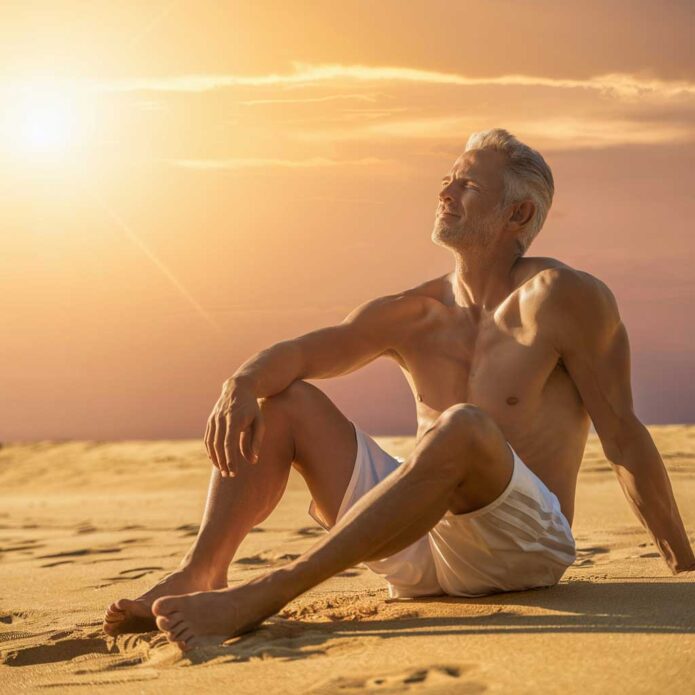 Silhouette di un uomo rilassato su una spiaggia al tramonto, simbolo di benessere.