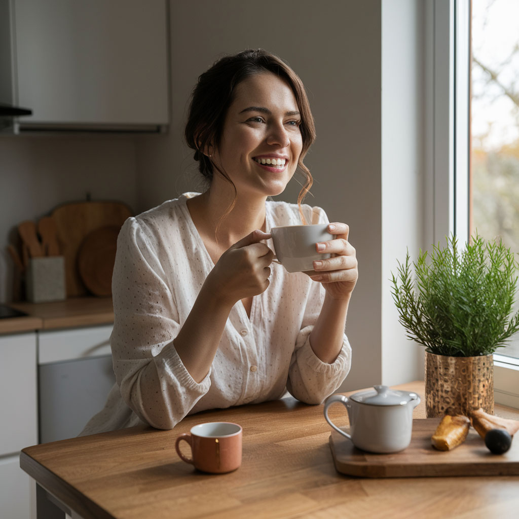 Donna con tazza di tè allo zenzero e integratori.