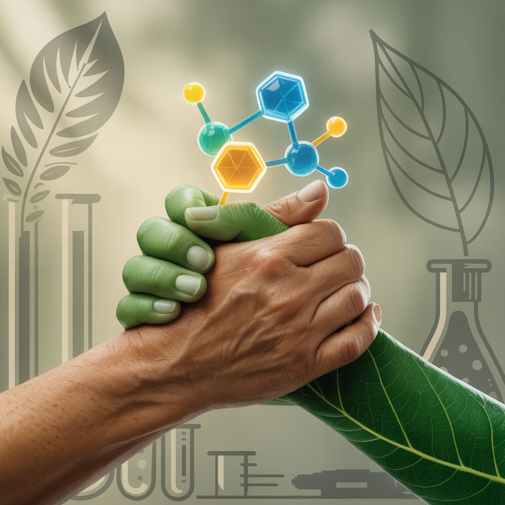 Magnesio Potassio Bromelina - mani che si stringono: da un lato una mano umana, dall’altro una “mano fatta di foglie” che si dissolve in molecole blu e gialle.