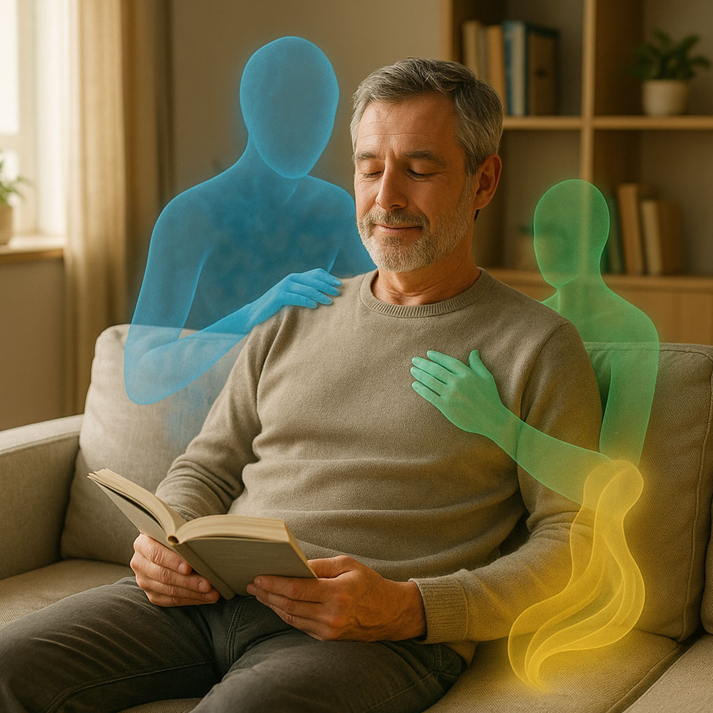 Magnesio Potassio Bromelina - un uomo di 50 anni, rilassato su un divano con un libro, mentre intorno a lui – visibili solo all’osservatore – ci sono sagome trasparenti stilizzate (blu, verdi e gialle) che "massaggiano", "regolano" e "illuminano" punti del corpo.