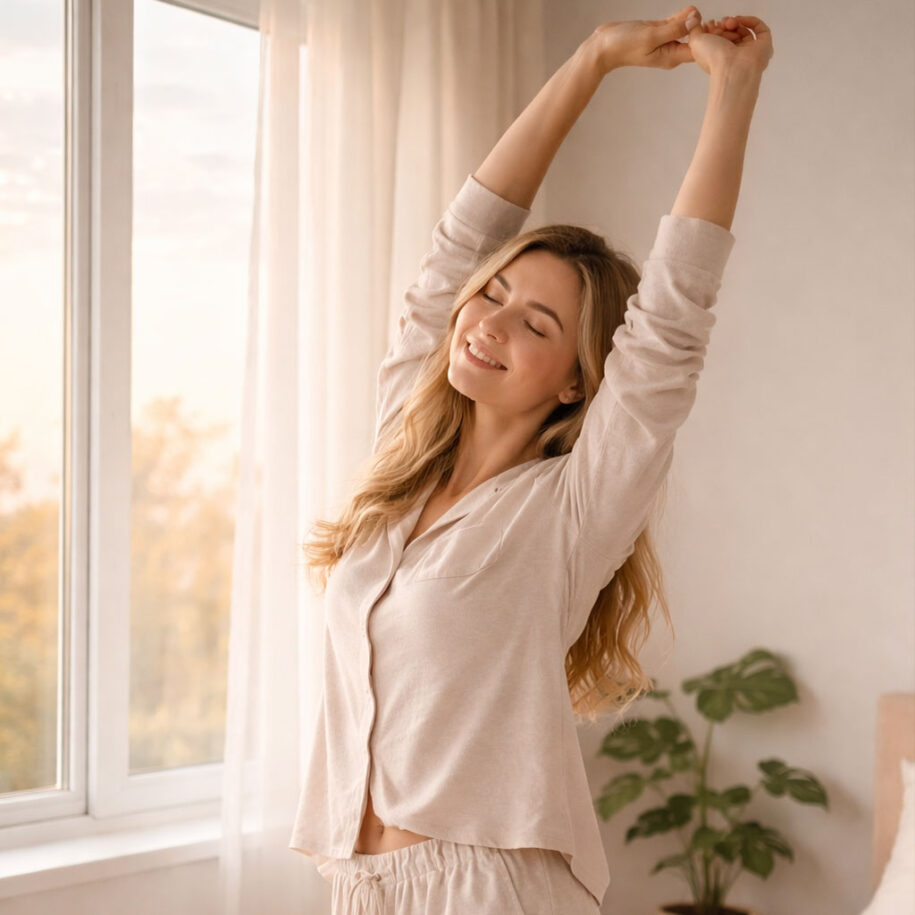Donna che si sveglia riposata: benessere, energia e buona qualità del riposo