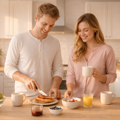 Coppia riposata a colazione: equilibrio tra sonno, umore e stile di vita sano