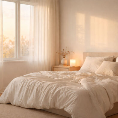 Camera da letto luminosa che richiama un sonno ristoratore e routine serale rilassante