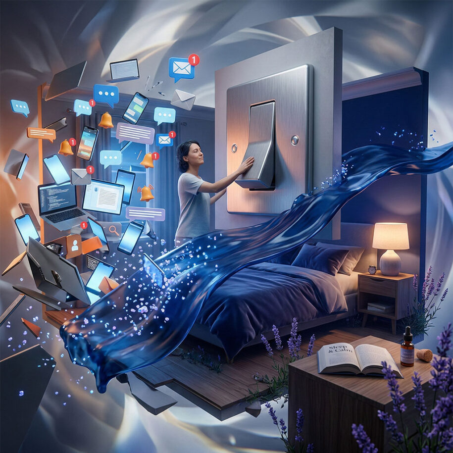 Una persona abbassa un grande interruttore simbolico e, nel momento in cui la leva scende, un’onda blu notte calmante attraversa la stanza spegnendo il caos digitale della giornata.