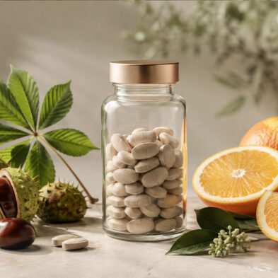 Integratore per il microcircolo con ippocastano e vitamina C in ambientazione naturale