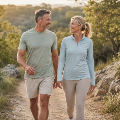 Uomo e donna attivi all’aperto con ingredienti vegetali associati al supporto del microcircolo