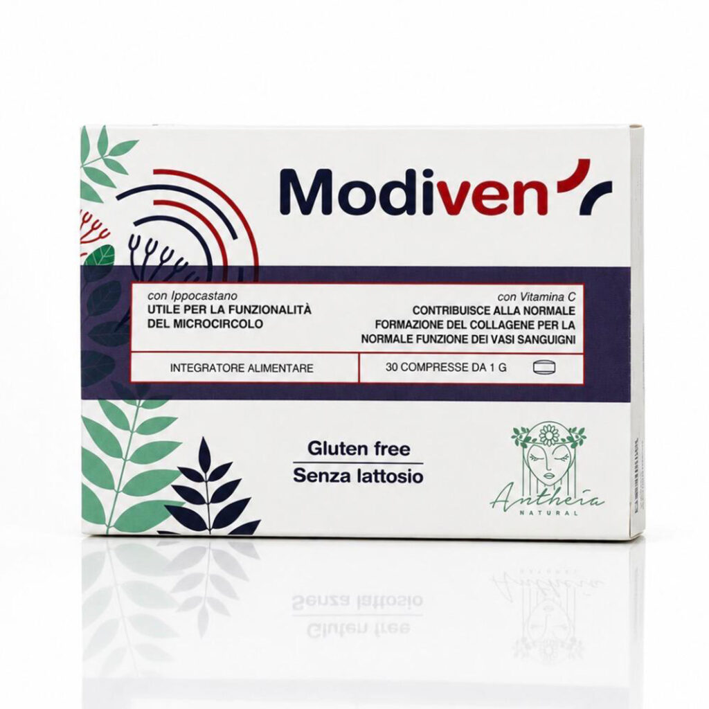 Modiven è un integratore alimentare formulato con Diosmina, Bromelina, Troxerutina, Ippocastano e Vitamina C