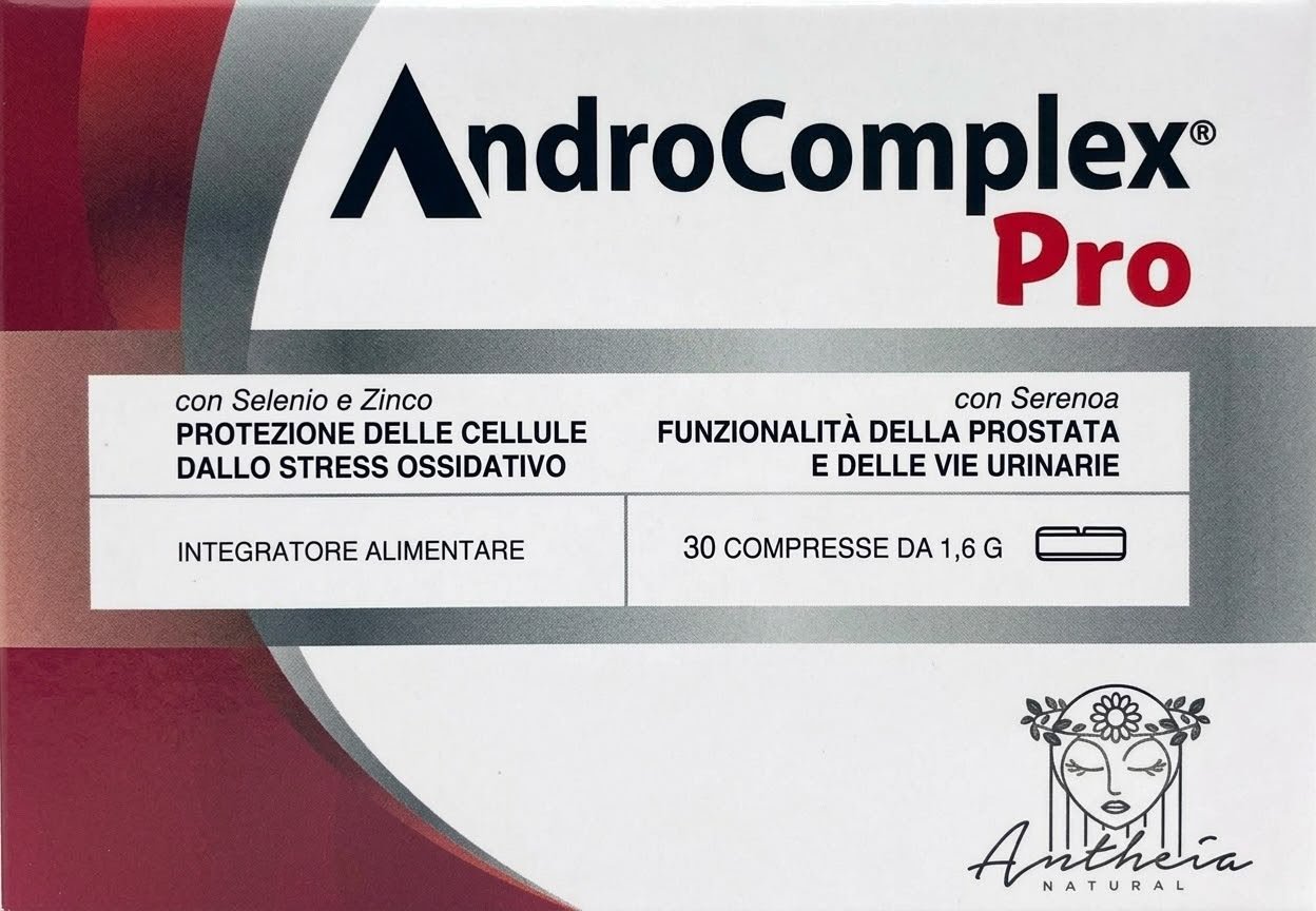AndroComplex Pro con Serenoa, Pigeo, Zinco e Selenio sostiene il benessere della prostata e delle vie urinarie e protegge dallo stress ossidativo.