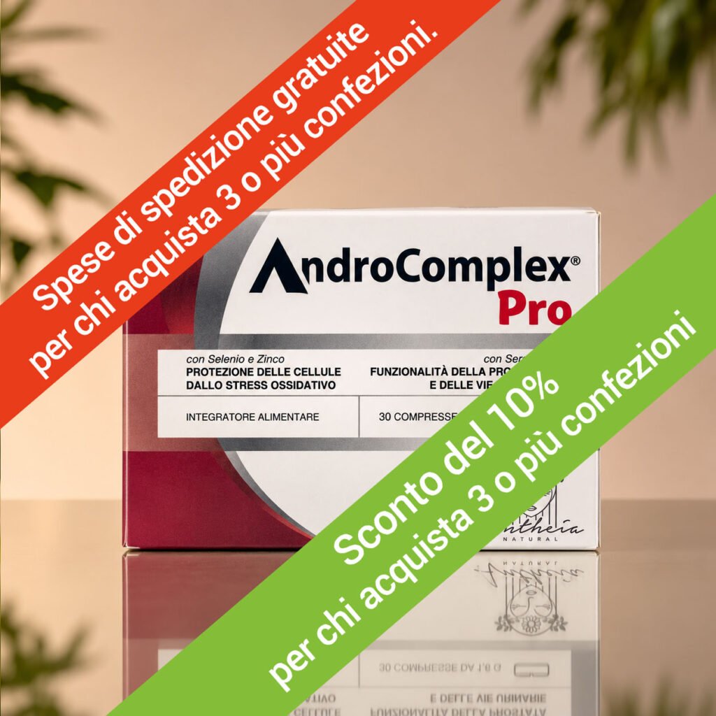 AndroComplex Pro con Serenoa, Pigeo, Zinco e Selenio sostiene il benessere della prostata e delle vie urinarie e protegge dallo stress ossidativo.