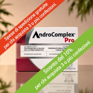 AndroComplex Pro con Serenoa, Pigeo, Zinco e Selenio sostiene il benessere della prostata e delle vie urinarie e protegge dallo stress ossidativo.