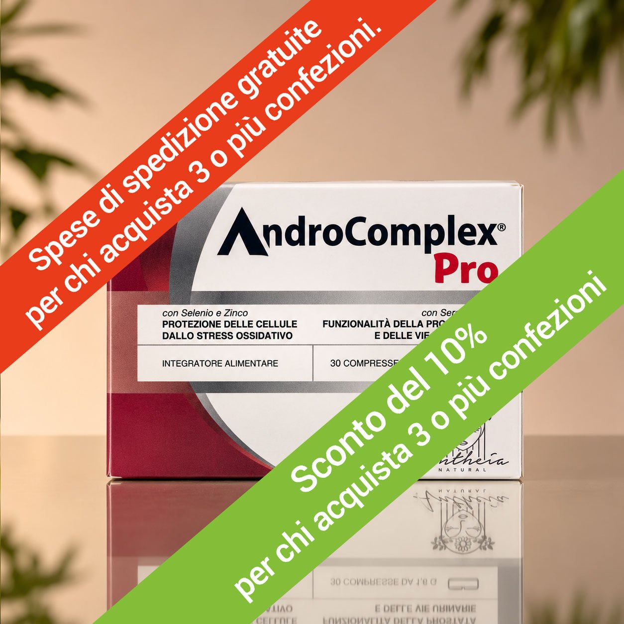 AndroComplex Pro con Serenoa, Pigeo, Zinco e Selenio sostiene il benessere della prostata e delle vie urinarie e protegge dallo stress ossidativo.