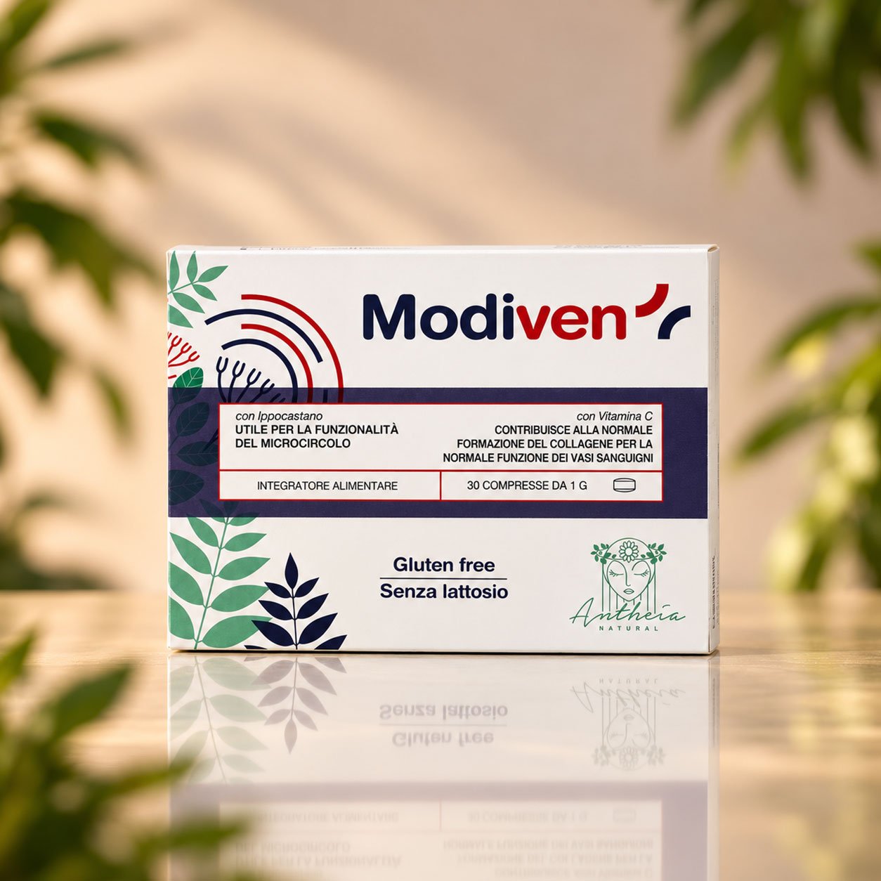Modiven è un integratore alimentare formulato con Diosmina, Bromelina, Troxerutina, Ippocastano e Vitamina C